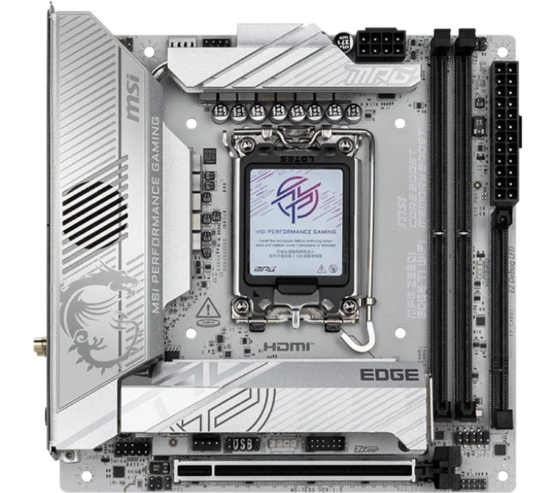 MSI MPG Z890I EDGE TI WIFI Mini-ITX Motherboard – Intel Z890 Chipset, LGA 1851 for Intel Core Ultra Series, 2x DDR5 (Up to 128 GB, 8600+ OC), PCIe 5.0 x16, 4x M.2 NVMe & 2x SATA, Intel Killer 5G LAN, Wi-Fi 7 & Bluetooth 5.4, Dual Thunderbolt 4, HDMI 2.1 & USB-C/USB Gen2 Ports, High-Performance VRM & Frozr Heatsink (Mini-ITX) - Featured Image