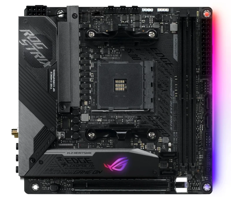 ASUS ROG Strix X570-I Gaming Mini-ITX Motherboard – AMD X570 Chipset, AM4 Socket, DDR4 up to 4800 MHz (OC), Dual M.2 PCIe 4.0, Wi-Fi 6 (802.11ax) & Bluetooth 5, Intel Gigabit LAN, USB 3.2 Gen 2 Type-C & USB-A, HDMI 2.0 & DisplayPort 1.4, SupremeFX S1220A Audio, Aura Sync RGB – Compact High-Performance Gaming Board - Featured Image