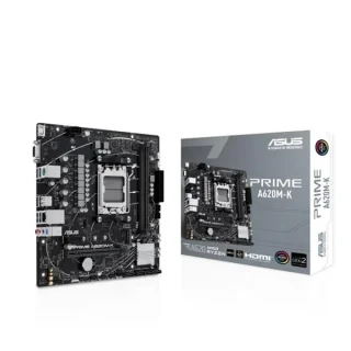 ASUS PRIME A620M-K micro-ATX AMD AM5 Motherboard – A620 Chipset, DDR5 4800–7200+ (OC) Support, AM5 Socket for Ryzen 9000/8000/7000 Series, 1x PCIe 4.0 x16 & 1x PCIe 3.0 x1, 1x M.2 PCIe 4.0 & 4x SATA 6 Gb/s, Realtek 1 Gb LAN, HDMI & VGA, USB 3.2 Gen 1 & USB 2.0, Aura Sync RGB – DIY/Compact PC Builder Friendly