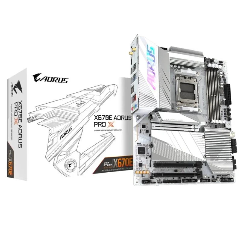 Gigabyte X670E AORUS PRO X ATX Motherboard – AMD X670 Chipset, AM5 Socket for Ryzen 7000/8000/9000 Series CPUs, DDR5 Dual-Channel up to 8000 MT/s (OC), 4x M.2 PCIe Slots (PCIe 5.0 & PCIe 4.0), Wi-Fi 7 & Bluetooth 5.3, Intel 2.5 GbE LAN, USB 3.2 Gen 2x2 Type-C, 7.1 Audio, HDMI 2.1, PCIe 5.0 x16 Graphics Support, White Premium Gaming/Creator Board - Featured Image