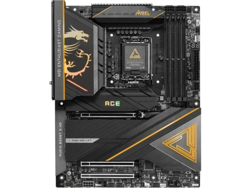 MSI MEG Z890 ACE ATX LGA1851 Motherboard – Intel Z890 Chipset, Supports Intel Core Ultra Series 2, 4x DDR5 UDIMM up to 9200+ MT/s, 5x M.2 PCIe Slots, 3x PCIe x16 Expansion, Wi-Fi 7 & BT 5.4, Marvell 10 Gb Ethernet, Dual Thunderbolt 4, USB 3.2 Gen2/Gen2x2 Type-C & USB-A, HDMI 2.1, High-End Gaming/Creator Board - Featured Image