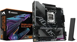GIGABYTE B840M AORUS ELITE WIFI6E Micro-ATX AM5 Motherboard – AMD B840 Chipset, DDR5 up to 8200 MHz, 10+2+2 VRM, Dual PCIe 4.0 M.2, Wi-Fi 6E & 2.5 GbE LAN, USB 3.2 Gen2, HDMI & DisplayPort, Realtek ALC897 Audio