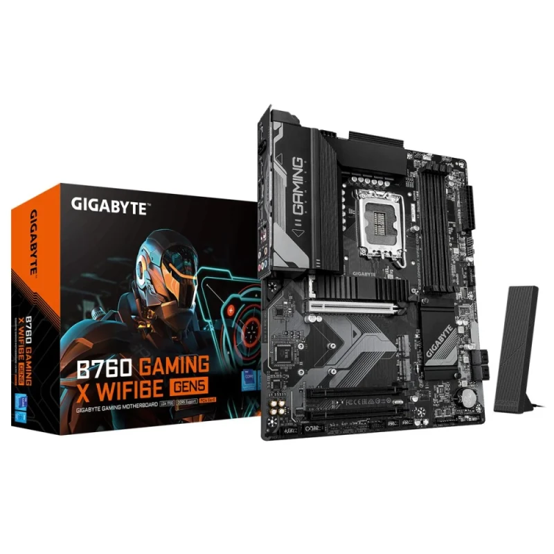 Gigabyte B760 GAMING X WIFI6E GEN5 ATX Motherboard – Intel B760 chipset, LGA1700 socket, supports 14th/13th/12th Gen Intel Core CPUs, DDR5 up to 5600MHz, 4 DIMMs, 3x PCIe4.0 M.2, PCIe5-ready x16, Wi-Fi 6E Intel AX210, 2.5GbE LAN, USB 3.2 Gen2, HDMI 2.1 & DP, RGB headers - Featured Image