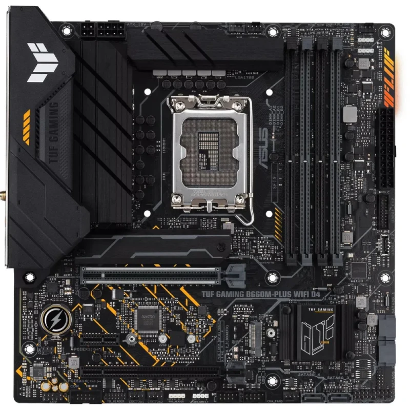 ASUS TUF GAMING B660M-PLUS WIFI D4 Micro-ATX Motherboard – Intel B660 chipset, LGA1700 socket for 14th/13th/12th Gen Intel Core CPUs, 4x DDR4 DIMM (up to 128GB), PCIe 5.0 x16 & PCIe 3.0, 2x M.2 PCIe 4.0, Intel Wi-Fi 6 + Bluetooth 5.2, Realtek 2.5Gb LAN, USB 3.2 Gen2x2 Type-C, HDMI & DisplayPort, Aura Sync RGB - Featured Image