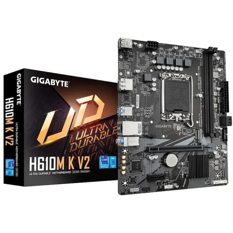 Gigabyte H610M K V2 Micro-ATX Motherboard – Intel H610 chipset, LGA1700 socket for Intel 12th/13th/14th Gen Core/Pentium/Celeron CPUs, DDR5 up to 5600 MHz, 2x DIMM, PCIe 4.0 x16 & PCIe 3.0 x1, 1x M.2 PCIe 3.0, Realtek Gigabit LAN, HDMI 2.1 & DisplayPort 1.2, USB 3.2 Gen1 & USB 2.0, SATA III support, Compact PC build board - Featured Image