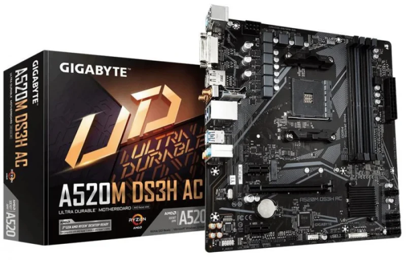 Gigabyte A520M DS3H AC Micro-ATX Motherboard – AMD A520 Socket AM4, DDR4 Dual-Channel, 1x PCIe 3.0 x16 & 2x PCIe 3.0 x1, Intel Dual-Band Wi-Fi 5 (802.11ac) & Bluetooth, 1x M.2 PCIe 3.0, Realtek Gigabit LAN, HDMI 2.1 & D-Sub, USB 3.2 Gen1 I/O – Budget AMD Ryzen PC Board - Featured Image