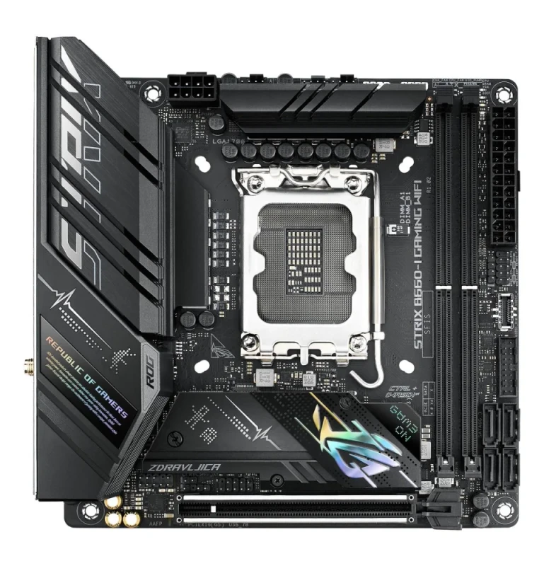 ASUS ROG STRIX B660-I GAMING WIFI Mini-ITX Motherboard – Intel B660 LGA1700 for 12th/13th/14th Gen CPUs, DDR5-6200+ Support, 2x DIMM, PCIe 5.0 x16, Dual PCIe 4.0 M.2, Intel Wi-Fi 6 & 2.5 Gb LAN, SupremeFX S1220A Audio, USB 3.2 Gen2x2 Type-C, HDMI 2.1 & DP 1.4 - Featured Image