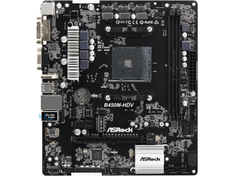 ASRock B450M-HDV Micro-ATX Motherboard – AMD B450 Chipset AM4 Socket, Supports Ryzen 5000/4000/3000 Series, Dual-Channel DDR4 up to 3200 MHz, PCIe 3.0 x16 & PCIe 2.0 x1, 1x M.2 & 4x SATA3 Storage, HDMI/DVI-D/D-Sub Video, Gigabit LAN, Realtek 7.1 Audio – Budget Compact PC Board - Featured Image