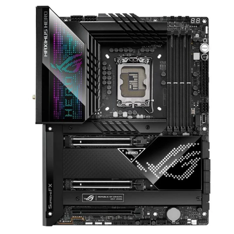 ASUS ROG MAXIMUS Z690 HERO Intel Z690 ATX Motherboard – LGA1700 socket for 12th/13th/14th Gen Intel CPUs, DDR5 up to 6400+ MHz, 5x M.2 slots, PCIe 5.0 x16, Dual Thunderbolt 4, Wi-Fi 6E & Bluetooth 5.2, Intel 2.5 Gb Ethernet, SupremeFX 7.1 audio, USB 3.2 Gen2x2 & USB-C, Aura Sync RGB, robust 20+1 power design for gaming/overclocking - Featured Image