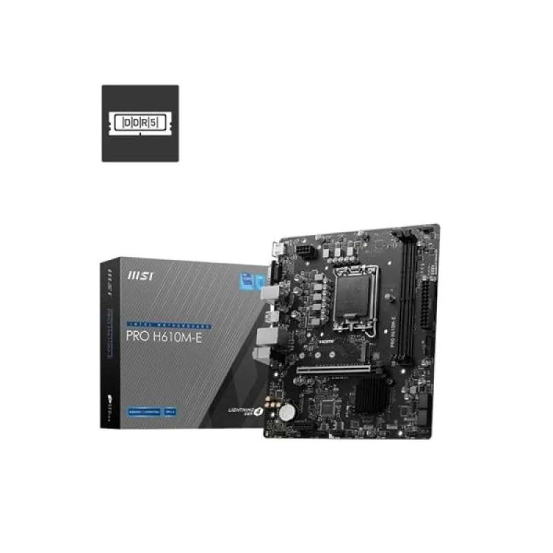 MSI PRO H610M-E LGA1700 Micro-ATX Motherboard – Intel H610 Chipset for 12th/13th/14th Gen Core, DDR5 up to 5600 MHz, 2x DIMM 96 GB, 1x M.2 & 4x SATA Storage, PCIe 4.0 x16 & PCIe 3.0 x1, Realtek Gigabit LAN, HDMI & VGA, EZ Debug LED, Professional PRO Series - Featured Image