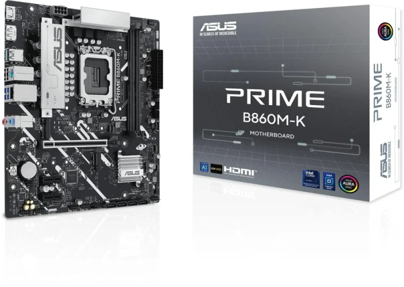 ASUS PRIME B860M-K Micro-ATX Motherboard – Intel B860 LGA 1851 Socket for Intel Core Ultra Series 2 CPUs, Dual-Channel DDR5 up to 8800+ MT/s, 2x M.2 & 4x SATA 6 Gb/s Storage, PCIe 4.0 x16 & 2x PCIe 4.0 x1, 2.5 Gb Ethernet, HDMI & DisplayPort, USB 3.2/USB-C Headers, Realtek 7.1 Audio & Aura Sync - Featured Image