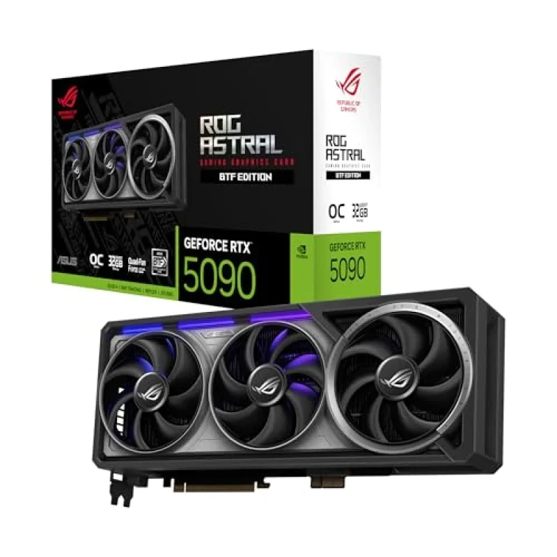 ASUS ROG Astral BTF OC GeForce RTX 5090 32GB GDDR7 PCIe 5.0 Graphics Card – NVIDIA Blackwell GPU with 21,760 CUDA Cores, 512-bit 28 Gbps 32 GB VRAM, 2580 MHz Boost, Quad-Fan RGB Cooler, 357.6 mm / 3.8-Slot Black/Silver High-Performance GPU with 2x HDMI 2.1b & 3x DisplayPort 2.1b - Featured Image