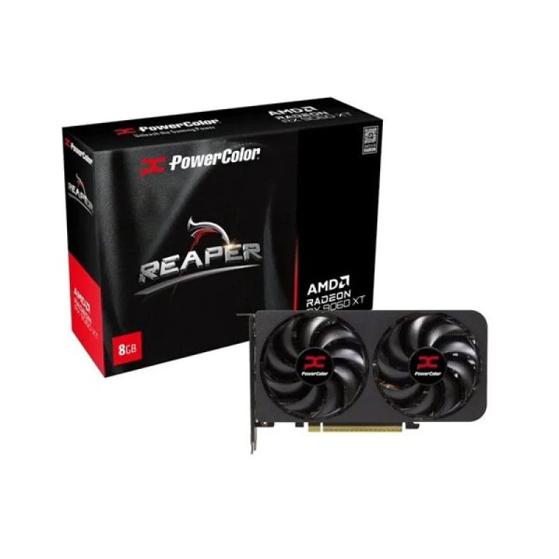 PowerColor Radeon RX 9060 XT Reaper 8GB GDDR6 PCIe 5.0 Graphics Card – AMD RX 9060 XT RDNA 4 GPU, 2048 Stream Processors, 128-bit 20 Gbps 8 GB VRAM, Boost ~3130 MHz, Dual-Fan Active Cooler, HDMI 2.1b + 2x DisplayPort 2.1a, 200 mm Compact Black Gaming GPU - Featured Image