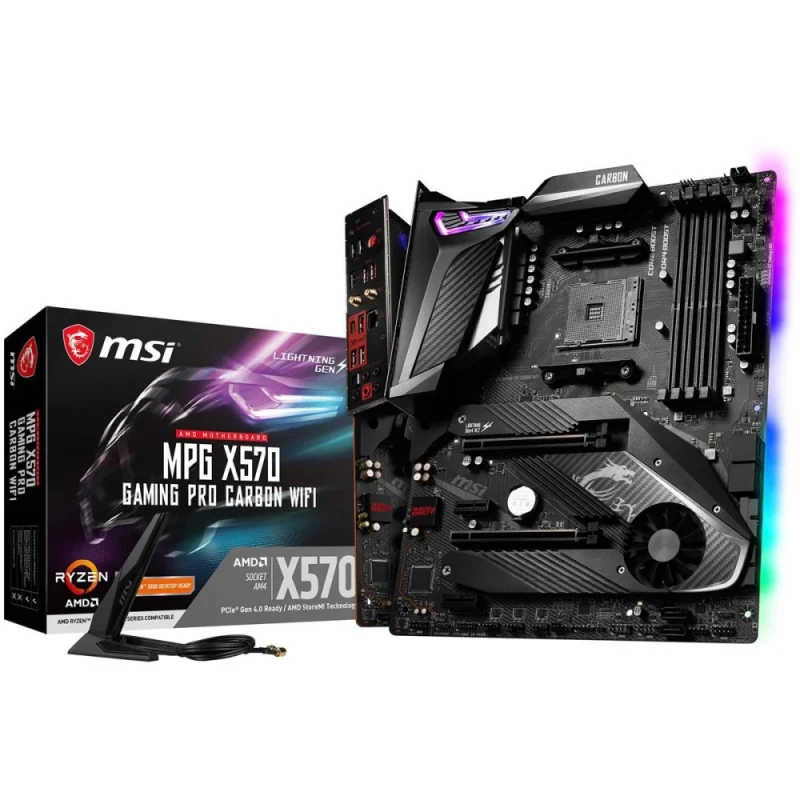MSI MPG X570 GAMING PRO CARBON WiFi AMD X570 ATX Motherboard – AM4 Socket, DDR4 up to 128 GB, PCIe 4.0, 6x SATA III, Dual M.2, Wi-Fi 6 & Bluetooth 5.0, Realtek/Intel LAN, USB 3.2 Gen2, HDMI, Mystic Light RGB (ATX MB) - Featured Image
