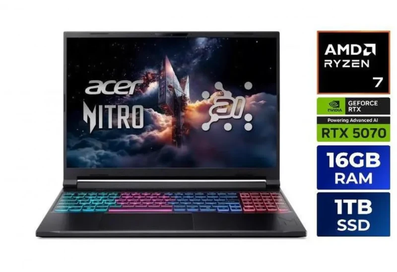Acer Nitro V16 16″ WQXGA 180Hz Gaming Laptop – AMD Ryzen 7 260 Processor, NVIDIA GeForce RTX 5070 Laptop GPU, 16 GB DDR5 RAM, 1 TB PCIe Gen-4 SSD, 16:10 IPS Display, Windows 11 Home, Wi-Fi 6E, Ethernet, HDMI & USB-C (NH.U10AA.001) - Featured Image