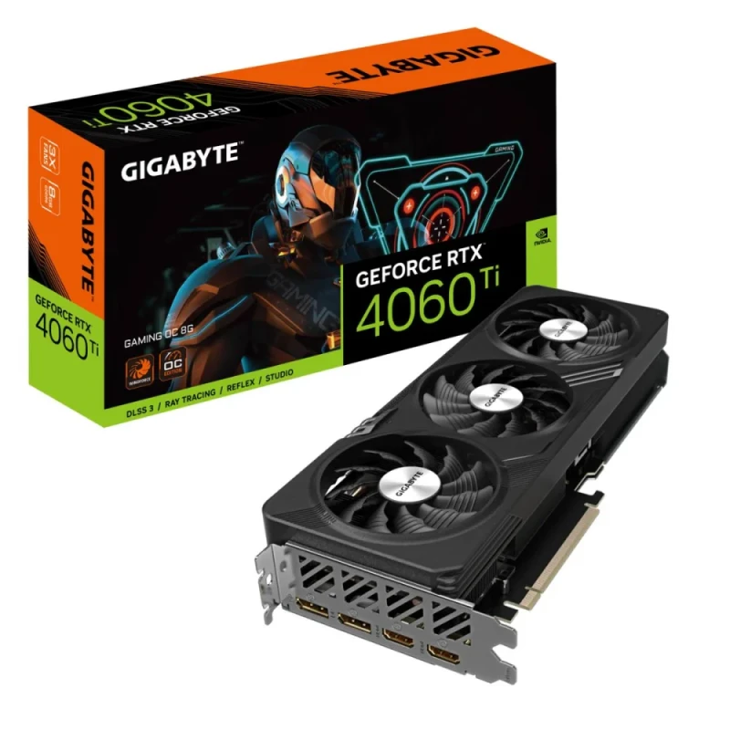 Gigabyte GeForce RTX 4060 Ti GAMING OC 8GB Black 281 mm Graphics Card – NVIDIA GeForce RTX 4060 Ti GPU, 4352 CUDA Cores, 8 GB GDDR6 128-bit Memory, Boost ~2580 MHz, PCIe 4.0 x8, WINDFORCE 3X Triple-Fan Cooling, 2x HDMI 2.1a & 2x DisplayPort 1.4a, 2.5-Slot Design, High-Performance 1080p/1440p Gaming GPU - Featured Image