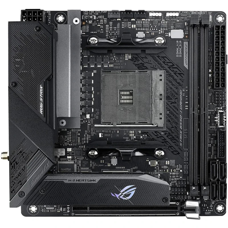 ASUS ROG STRIX B550-I GAMING AM4 Mini-ITX Motherboard – AMD B550 Chipset with AM4 Socket for Ryzen 3000/4000/5000 Series, DDR4-5100(O.C.) Dual-Channel, PCIe 4.0 x16, Dual M.2 & 4x SATA 6 Gb/s, Wi-Fi 6 (802.11ax) & Intel 2.5 Gb Ethernet, SupremeFX S1220A Audio, USB 3.2 Gen 2 Type-C & HDMI 2.1/DP 1.4 Video Outputs, Aura Sync RGB (Tech Specs) - Featured Image