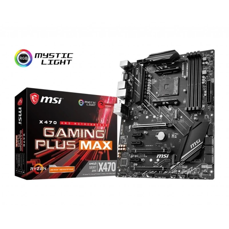MSI X470 GAMING PLUS MAX AMD X470 ATX Motherboard – AMD X470 Chipset with AM4 Socket, Supports Ryzen 1st/2nd/3rd Gen CPUs, DDR4-4133+(OC) Dual-Channel, 4x DIMM, PCIe 3.0 x16 + PCIe 2.0 Slots, 2x M.2 & SATA 6 Gb/s, Realtek Gigabit LAN, USB 3.2 Gen2 Type-A, HDMI & DVI Outputs, Audio Boost & Core Boost, ATX Gaming Board - Featured Image