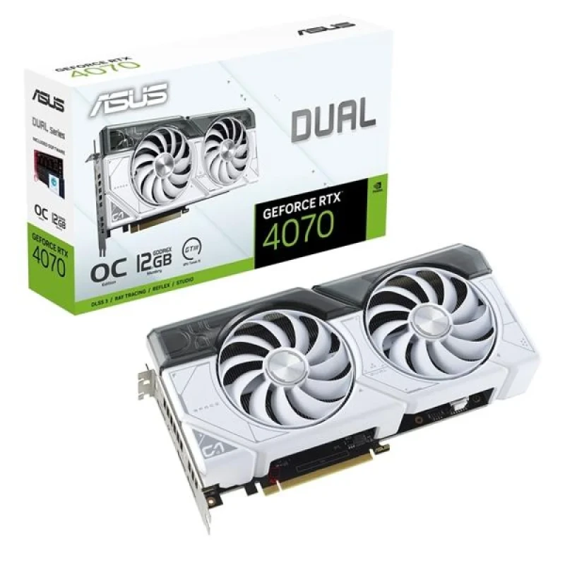 ASUS Dual OC GeForce RTX 4070 White 12GB Graphics Card – NVIDIA Ada Lovelace RTX 4070 GPU, 5888 CUDA Cores, 12GB GDDR6X 192-bit Memory, PCIe 4.0 x16, Boost up to ~2550 MHz, Dual Axial-Tech Fans, HDMI 2.1 + 3x DisplayPort 1.4a, 267 mm Length, White Edition - Featured Image