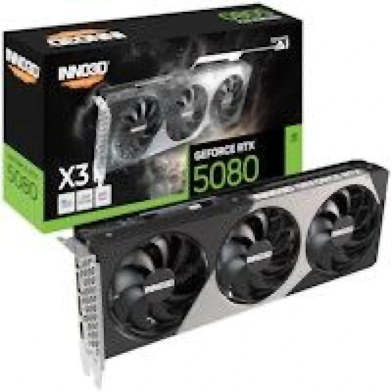 INNO3D GeForce RTX 5080 X3 16GB Graphics Card – NVIDIA Blackwell RTX 5080 GPU, 10,752 CUDA Cores, 16GB GDDR7 256-bit Memory, PCIe 5.0 x16, Triple Fan Cooling, Up to ~2617 MHz Boost, 1x HDMI 2.1b + 3x DisplayPort 2.1b, 300 mm Length, Black/Silver - Featured Image