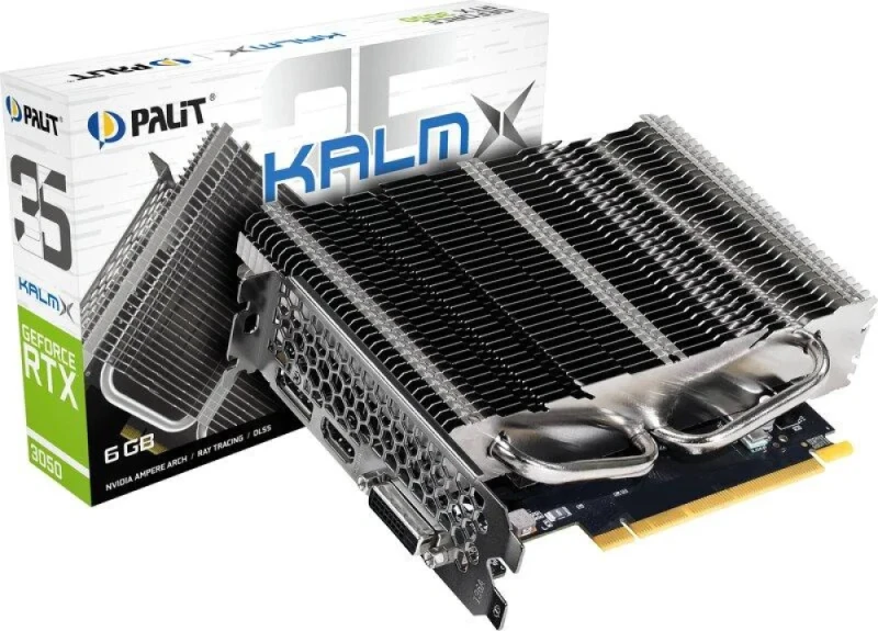 Palit KalmX GeForce RTX 3050 6GB Graphics Card – NVIDIA Ampere RTX 3050 GPU, 2304 CUDA Cores, 6GB GDDR6 96-bit Memory, PCIe 4.0 x8, Passive Fan-Less Cooling, 1x HDMI 2.1 + 1x DisplayPort 1.4a + 1x DVI-D, Dual-Slot, 166 mm Length, Silver/Black - Featured Image