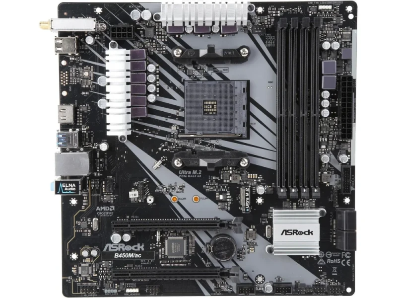 ASRock B450M/AC Micro-ATX Motherboard – AMD B450 Chipset AM4 Socket, DDR4 up to 3200+ OC, Intel 802.11ac Wi-Fi, Gigabit LAN, HDMI, 4 SATA3 & M.2 Slot, 7.1 HD Audio & Polychrome RGB – Budget Gaming/PC Build - Featured Image