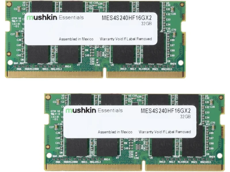 Mushkin Essentials 32 GB - 2 x 16GB, DDR4 260-pin SODIMM, 2400MT/s, CL17, Green / Black color - Featured Image