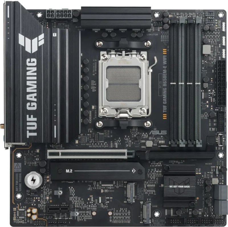 ASUS TUF GAMING B650EM-E WIFI Micro-ATX AMD AM5 Motherboard – AMD B650 Chipset, DDR5 Support with 4x DIMM (Up to DDR5-8000+ OC), 3x M.2 Slots (PCIe 5.0 & PCIe 4.0), PCIe 4.0 x16, Wi-Fi 6 (802.11ax), Bluetooth 5.2, 2.5 Gb Ethernet, HDMI & DisplayPort, USB 3.2 Gen2 & USB-C Ports, AI Noise Cancelation, TUF Military-Grade Components - Featured Image