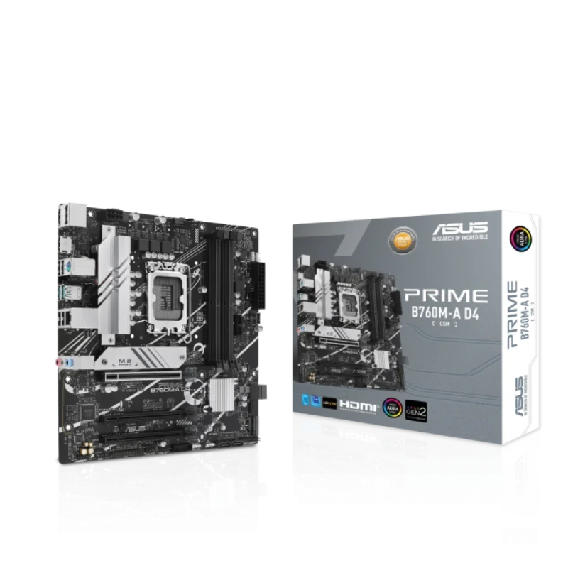 ASUS PRIME B760M-A D4-CSM Micro-ATX Motherboard – Intel B760 Chipset, LGA1700 for 12th/13th/14th Gen Intel Core/Pentium/Celeron CPUs, 4x DDR4 DIMM (Up to DDR4-5333 OC), Dual PCIe 4.0 M.2 & SATA 6 Gb/s Storage, Realtek 2.5 Gb Ethernet, Dual HDMI & DisplayPort, USB 3.2 Gen2 / Gen1 Type-C & USB Ports, Aura Sync RGB - Featured Image