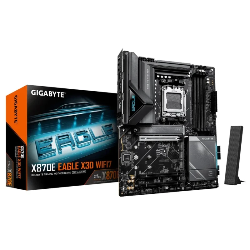 Gigabyte X870E EAGLE X3D WIFI7 ATX AMD AM5 Motherboard – AMD X870E Chipset, Socket AM5 Support for Ryzen™ 7000/8000/9000 Series, 4x DDR5 DIMM (Up to DDR5-9000 MT/s OC), 4x M.2 (PCIe 5.0 & PCIe 4.0), Dual USB4 Type-C, 5 GbE LAN, Wi-Fi 7 & Bluetooth, HDMI 2.1, Realtek High-Definition Audio, PCIe EZ-Latch & Smart Fan 6 - Featured Image