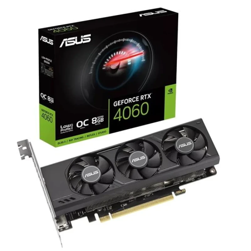 ASUS GeForce RTX 4060 LP BRK OC 8GB Low-Profile Graphics Card – NVIDIA GeForce RTX 4060 GPU, 8 GB GDDR6, 128-bit Memory, PCIe 4.0 x16, OC Mode 2520 MHz, Dual HDMI 2.1a + Dual DisplayPort 1.4a, Triple Active Fans, 188 mm Length, Black/Steel - Featured Image