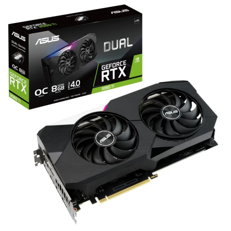 ASUS Dual OC V2 GeForce RTX 3060 Ti 8GB Graphics Card – NVIDIA GeForce RTX 3060 Ti LHR GPU, 8 GB GDDR6, 256-bit Memory Bus, PCIe 4.0 x16, Dual Axial-Tech Fans, 269 mm Length, 2x HDMI 2.1 + 3x DisplayPort 1.4a, Black/Silver Gaming GPU - Featured Image