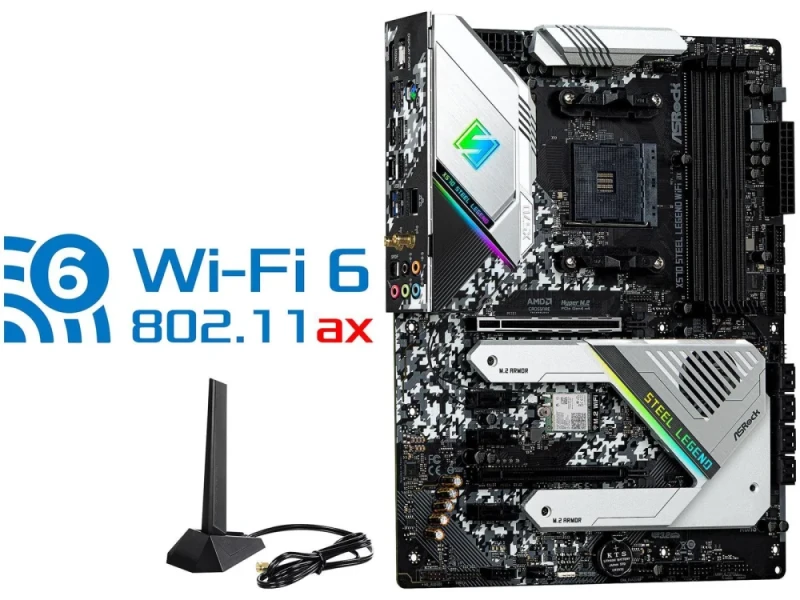 ASRock X570 Steel Legend WiFi ax AM4 ATX Motherboard – AMD X570 Chipset, AM4 Socket Ryzen Support, DDR4-4666+ (OC), Dual PCIe 4.0 x16, Dual M.2 (Gen4 x4), 8x SATA3, Intel Wi-Fi 6 802.11ax + BT 5.2, Realtek ALC1220 7.1 Audio, 2.5 GbE LAN, USB 3.2 Gen2x2 Type-C + Multiple USB Ports, ATX - Featured Image