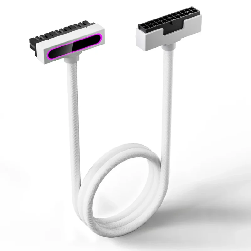 AsiaHorse Hydrus ARGB PSU Extension Cable 24-PIN Motherboard 30 cm – Addressable RGB Lighting, 18 AWG Copper Core with Brass Tin-Plated Terminals, 90° Right-Angle Connectors, ATX 24 PIN Extension for Clean Cable Management - White - Featured Image