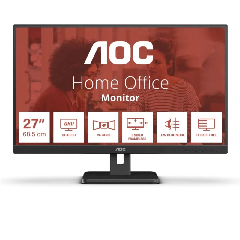 AOC Q27E3UAM 27" QHD (2560x1440) IPS Monitor, 75Hz Refresh Rate, 4ms (GtG), Adaptive-Sync, USB-C with 65W Power Delivery, DisplayPort, HDMI, Built-in Speakers, Height Adjustable Stand, 4-Sided Frameless Design, VESA Mount - Featured Image