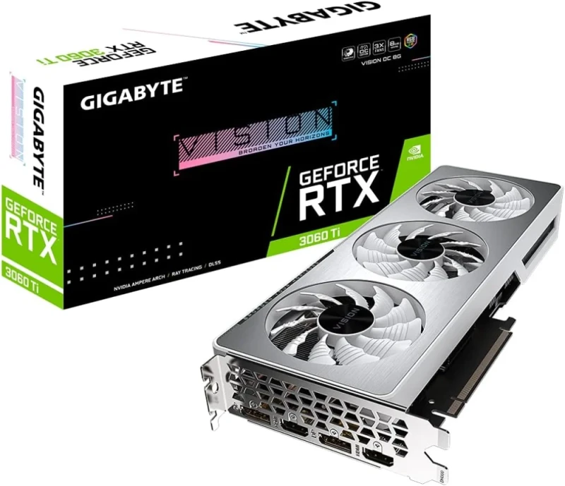 Gigabyte Vision OC GeForce RTX 3060 Ti 8GB GDDR6 PCIe 4.0 Graphics Card – NVIDIA Ampere GPU with 4864 CUDA Cores, 1755 MHz Boost, 256-bit 8 GB Memory, WINDFORCE 3X Triple Fans, 2x HDMI 2.1 & 2x DisplayPort 1.4a, Silver/White 281 mm Gaming GPU - Featured Image