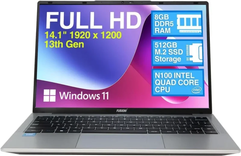 Fusion5 14.1" Windows 11 Full HD Laptop – Intel N100 Quad-Core CPU, 8 GB DDR5 RAM, 512 GB SSD Storage, 14.1″ 1920x1080 IPS Display, Dual-Band Wi-Fi, USB 3.0 Ports, Integrated Webcam - Featured Image