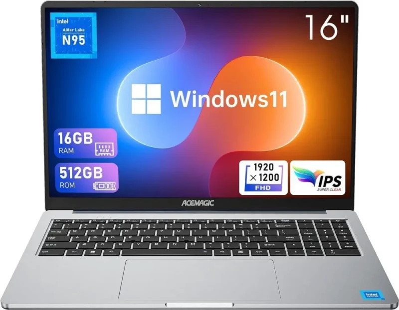 ACEMAGIC 16" FHD Laptop – Intel 12th Gen Alder Lake N95 Quad-Core (Up to 3.4 GHz), 16 GB DDR4 RAM, 512 GB SSD Storage, 16.0″ 1920x1200 IPS Display, Windows 11, Intel UHD Graphics, Wi-Fi 5 & Bluetooth 5.0, 3x USB3.2 & Type-C, 1 MP Webcam, Backlit Keyboard, Graphite/Gray - Featured Image