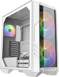 Cooler Master HAF 500 White High-Airflow ATX Mid-Tower PC Case – Mesh Front Panel with Dual 200 mm ARGB Fans, Tempered Glass Side Panel, Rotatable GPU Fan, USB-C & USB-A Front I/O, Support for ATX/mATX/ITX/E-ATX Motherboards, Up to 360 mm Radiators, Spacious Airflow-Optimized Interior