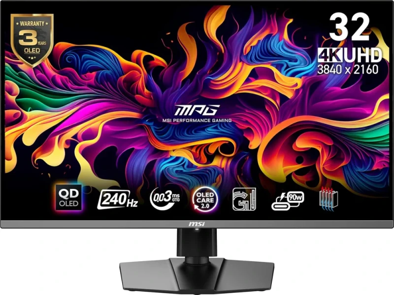 MSI MPG 321URX QD-OLED 31.5″ 4K UHD 240 Hz Gaming Monitor – 31.5″ 3840x2160 QD-OLED Panel, 240 Hz Refresh, 0.03 ms GtG Response, VESA DisplayHDR True Black 400, AMD FreeSync Premium Pro & G-SYNC Compatible, HDMI 2.1 x 2, DP 1.4, USB-C 90 W PD, Adjustable Stand & KVM - Featured Image