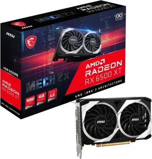 MSI Radeon RX 6500 XT MECH 2X 4G OC Gaming Graphics Card – AMD Radeon RX 6500 XT GPU, 4 GB GDDR6, PCIe 4.0 x4, Boost up to 2825 MHz, Dual TORX Fans with Zero Frozr, HDMI 2.1 & DisplayPort 1.4a, 107 W TDP, 64-bit Memory Bus, Compact Dual-Slot Design (172 x 112 x 42 mm)