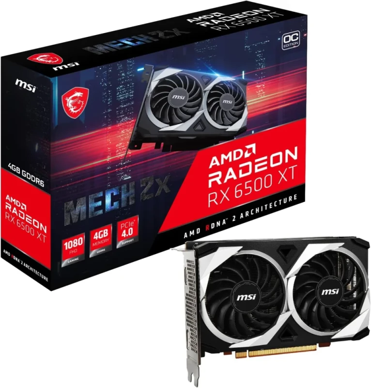 MSI Radeon RX 6500 XT MECH 2X 4G OC Gaming Graphics Card – AMD Radeon RX 6500 XT GPU, 4 GB GDDR6, PCIe 4.0 x4, Boost up to 2825 MHz, Dual TORX Fans with Zero Frozr, HDMI 2.1 & DisplayPort 1.4a, 107 W TDP, 64-bit Memory Bus, Compact Dual-Slot Design (172 x 112 x 42 mm) - Featured Image