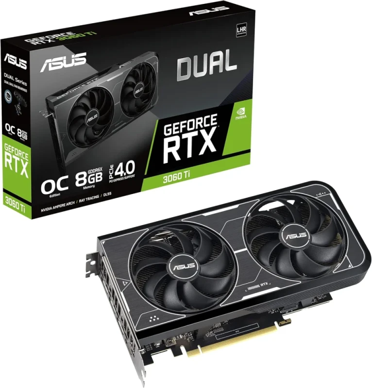 ASUS Dual GeForce RTX 3060 Ti 08G GDDR6X Graphics Card – NVIDIA GeForce RTX 3060 Ti GPU, 8 GB GDDR6X Memory, PCIe 4.0, 4864 CUDA Cores, Dual Axial-tech Fans, 2-Slot Design, HDMI 2.1 & 3x DisplayPort 1.4a, 750 W PSU Recommended, 230 x 120 x 42 mm Compact Cooling - Featured Image