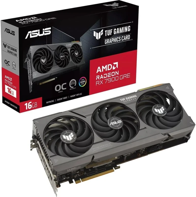 ASUS TUF Gaming Radeon RX 7900 GRE OC Edition O16G Graphics Card – AMD Radeon RX 7900 GRE GPU, 16 GB GDDR6, PCIe 4.0 x16, 256-bit Memory, Up to ~2391 MHz Boost (OC Mode), Triple Axial-tech Fans, 2.96-Slot Cooler, 1x HDMI 2.1 & 3x DisplayPort 2.1, ARGB, Recommended PSU 750 W - Featured Image