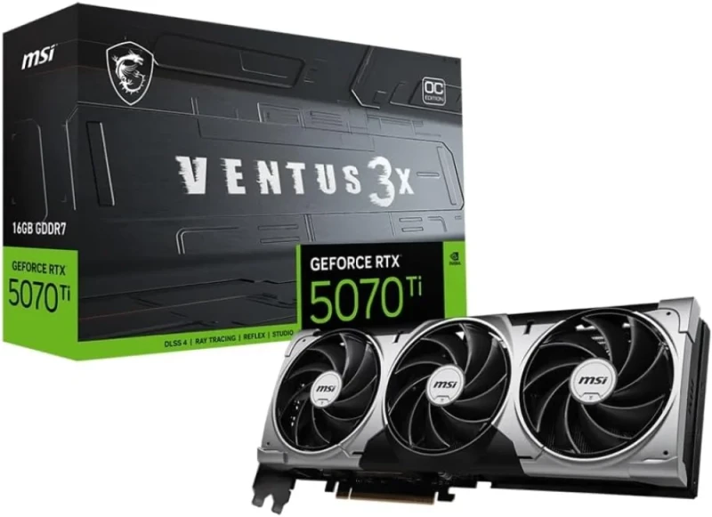 MSI GeForce RTX 5070 Ti 16G VENTUS 3X OC Graphics Card – NVIDIA GeForce RTX 5070 Ti GPU with Blackwell Architecture, 16 GB GDDR7, PCIe 5.0 x16, 8960 CUDA Cores, 256-bit Memory, Boost ~2482 MHz, Triple TORX Fan 5.0 Cooling, 3x DisplayPort 2.1b & HDMI 2.1b, Compact 303x121x49 mm Design - Featured Image