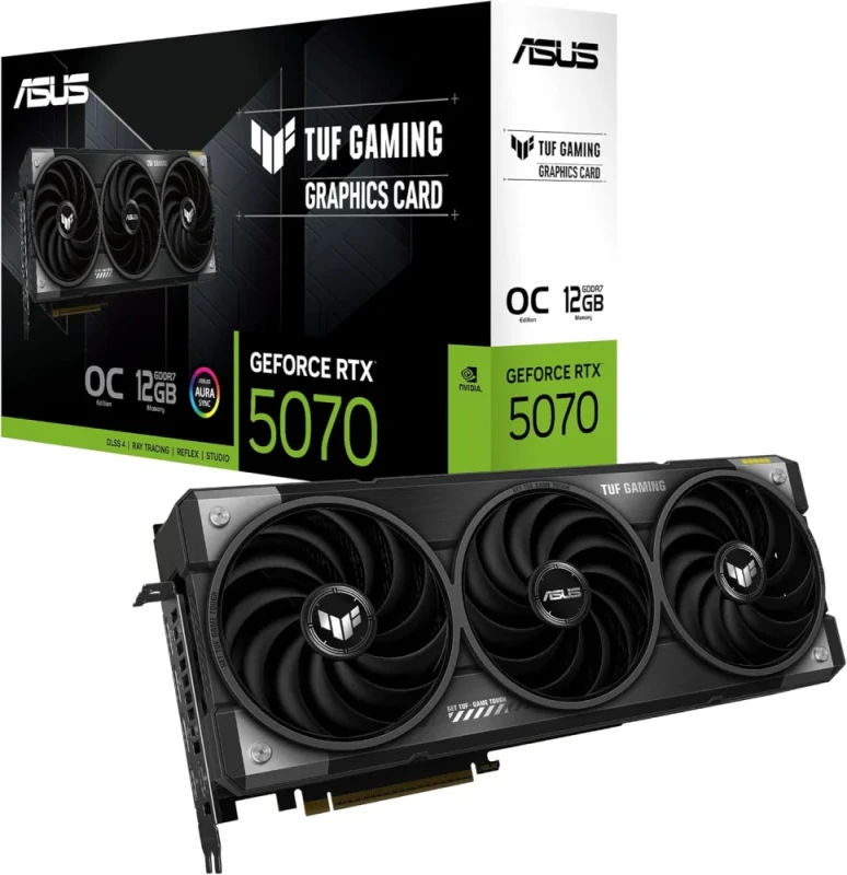 ASUS TUF Gaming GeForce RTX 5070 O12G Gaming Graphics Card – NVIDIA GeForce RTX 5070 GPU, 12 GB GDDR7 28 Gbps, 6144 CUDA Cores, PCIe 5.0 x16, Boost ~2640 MHz OC, 3.125-Slot Axial-Tech Fans with ARGB, 2x HDMI 2.1b & 3x DisplayPort 2.1b, 329x140x62.5 mm, 750 W PSU Recommended - Featured Image