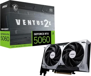 MSI GeForce RTX 5060 8G VENTUS 2X OC Graphics Card – NVIDIA GeForce RTX 5060 GPU, 8 GB GDDR7 28 Gbps, PCIe 5.0 x16 (x8), 3840 CUDA Cores, Boost ~2527 MHz, Dual TORX Fan 5.0 Cooling, 3x DisplayPort 2.1b & HDMI 2.1b, Compact 197x120x41 mm Dual-Slot Design, Recommended PSU 550 W