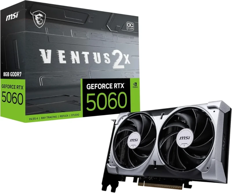 MSI GeForce RTX 5060 8G VENTUS 2X OC Graphics Card – NVIDIA GeForce RTX 5060 GPU, 8 GB GDDR7 28 Gbps, PCIe 5.0 x16 (x8), 3840 CUDA Cores, Boost ~2527 MHz, Dual TORX Fan 5.0 Cooling, 3x DisplayPort 2.1b & HDMI 2.1b, Compact 197x120x41 mm Dual-Slot Design, Recommended PSU 550 W - Featured Image