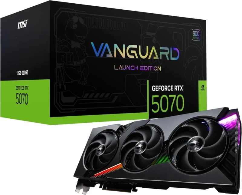 MSI GeForce RTX 5070 12G VANGUARD SOC Graphics Card – NVIDIA GeForce RTX 5070 GPU Blackwell Architecture, 12 GB GDDR7 28 Gbps, PCIe 5.0 x16, 6144 CUDA Cores, Boost ~2640 MHz OC, STORMFORCE/HYPER FROZR Triple-Fan Cooling, 3x DisplayPort 2.1b & HDMI 2.1b, 337x140x61 mm, Recommended 650 W PSU - Featured Image