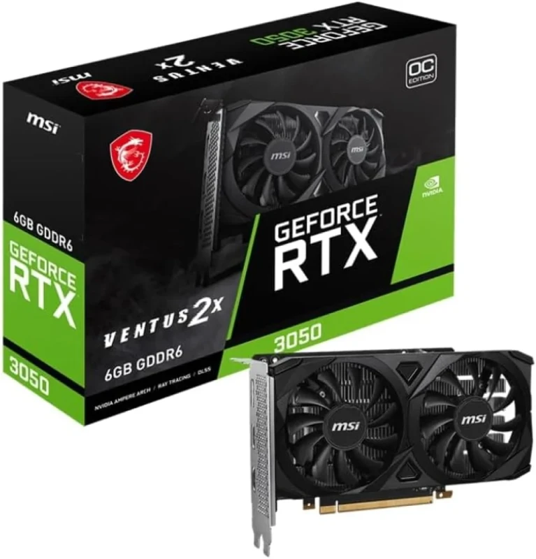 MSI GeForce RTX 3050 VENTUS 2X E 6G OC Graphics Card – NVIDIA GeForce RTX 3050 GPU, 6 GB GDDR6 14 Gbps, 2304 CUDA Cores, PCIe 4.0 x16 (x8), Boost 1492 MHz, Dual Fan Cooling, 1x DisplayPort 1.4a & 2x HDMI 2.1, Compact 189x109x42 mm, Recommended PSU 300 W - Featured Image